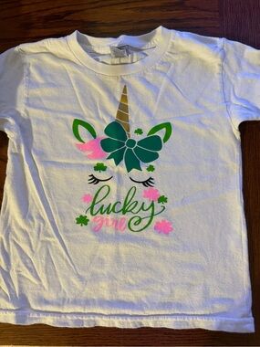 Gildan White Tee with Green, Pink & Gold Unicorn Design